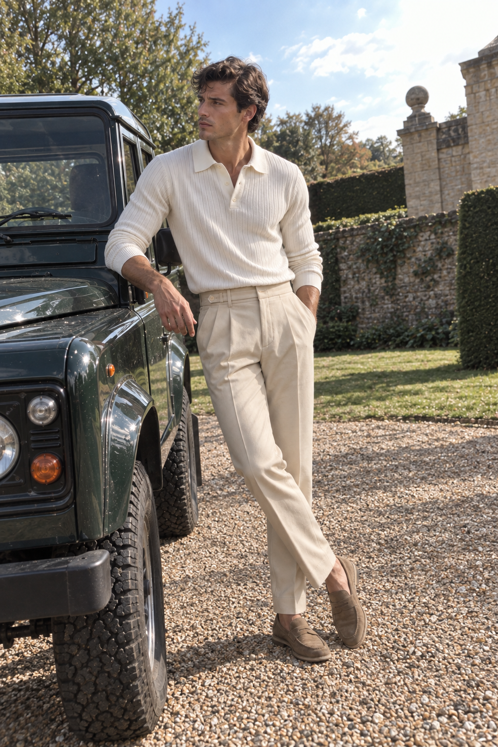Long Sleeve V Collar Polo with Tailored Trouser Pants in Kaki, as seen in the home hero